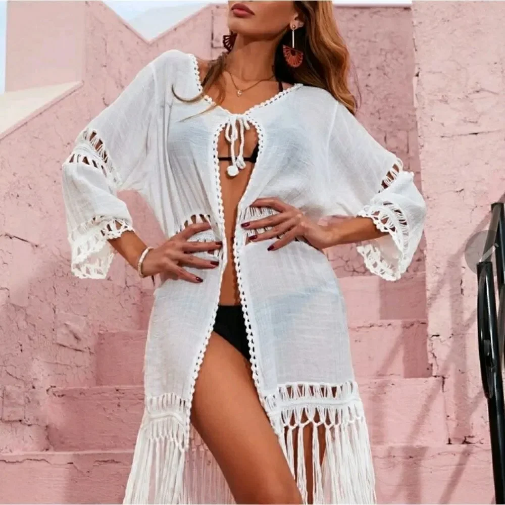 Tie Neck Fringe Hem Kimono